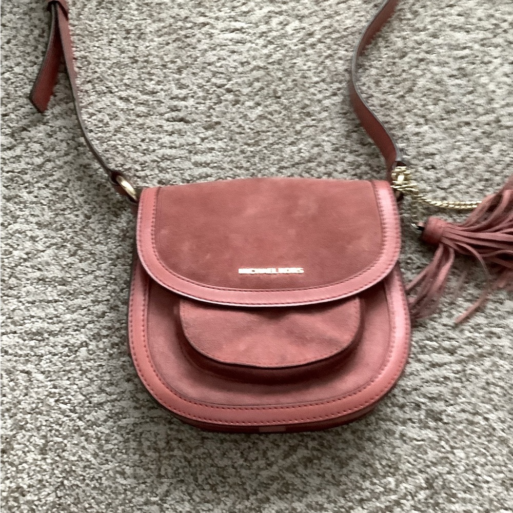 Michael Kors Dunn Suede cross body saddle bag with adjustable strap -cinnamon